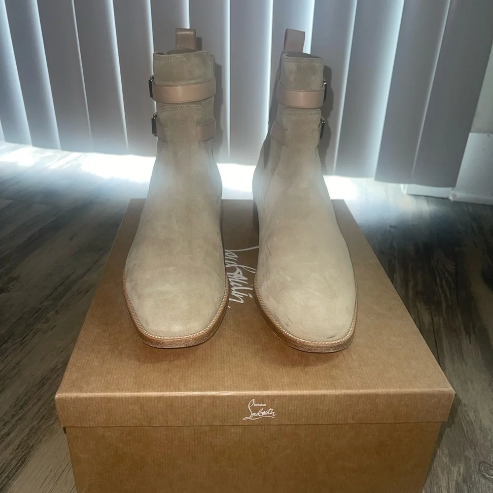 Christian Louboutin Beige Suede Ankle Boots with Pink Straps